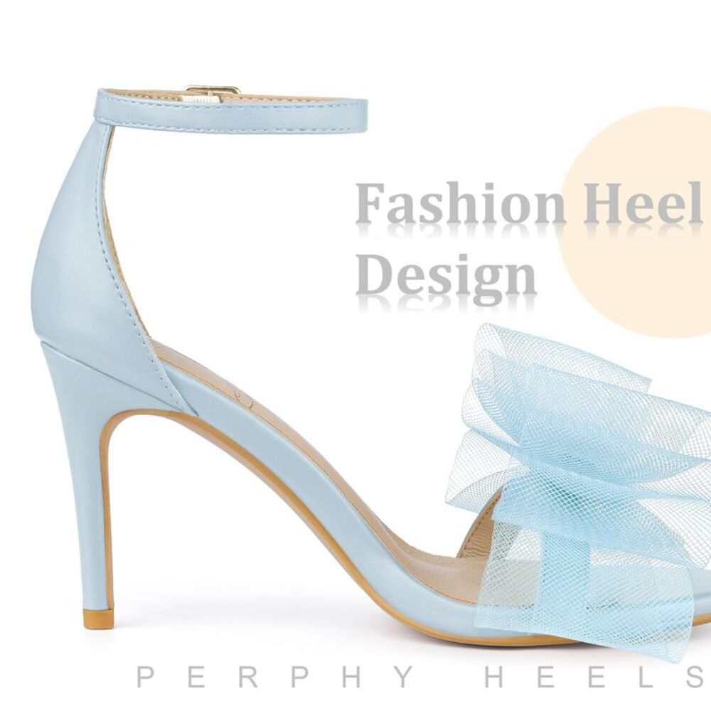 Open Toe High Heels Ankle Strap Bow Tie Light Blue Stiletto Heel Sandals - Picture 4 of 6